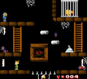 A map of the game with platforms, enemies, two little girls and a dog